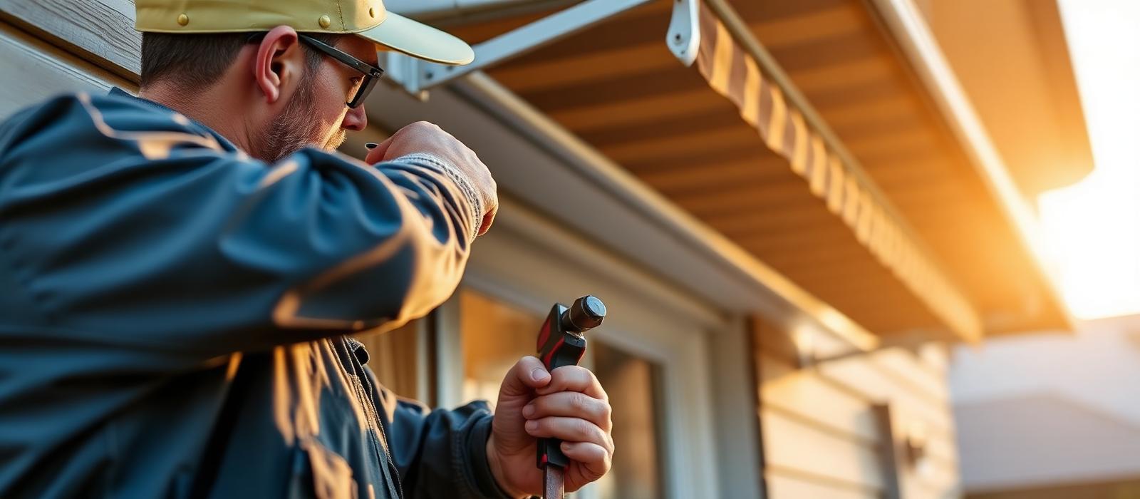 Handwerker eines Markisen-Fachbetriebs montiert eine Kassettenmarkise an einer Hausfassade