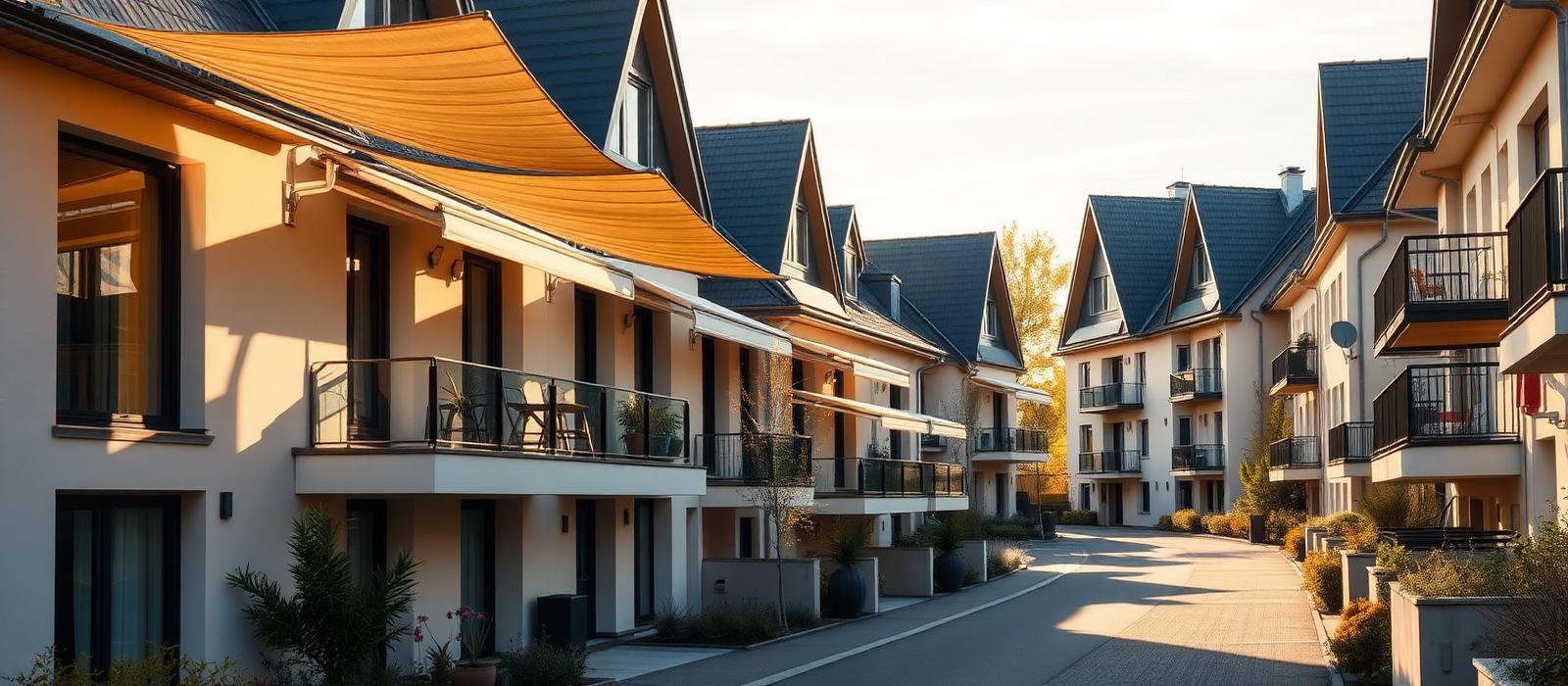 Sonnige Straße in Essen mit Markisen an Wohn- und Geschäftshäusern