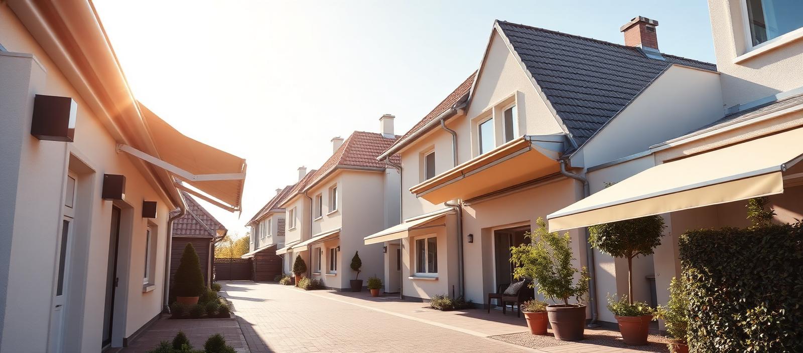 Sonnige Wohnstraße mit ausgefahrenen Markisen an modernen Häusern