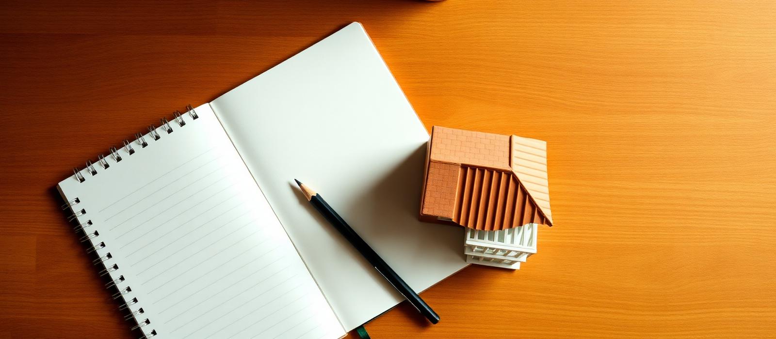 Architekturmodell einer Terrasse mit Markise neben einem Notizbuch mit Checkliste zum Markisenkauf